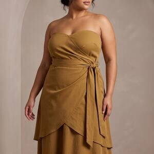 Anemos Women Strapless Wrap Dress Tie Waist Quiet Luxury Ochre Gold Midi Size L